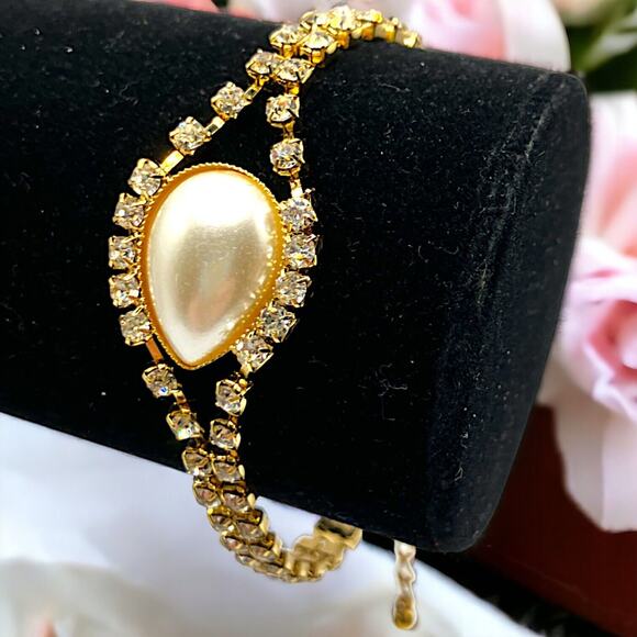 Art Deco Faux Pearl Rhinestone Tennis 9" Bracelet Vintage! - Picture 1 of 7